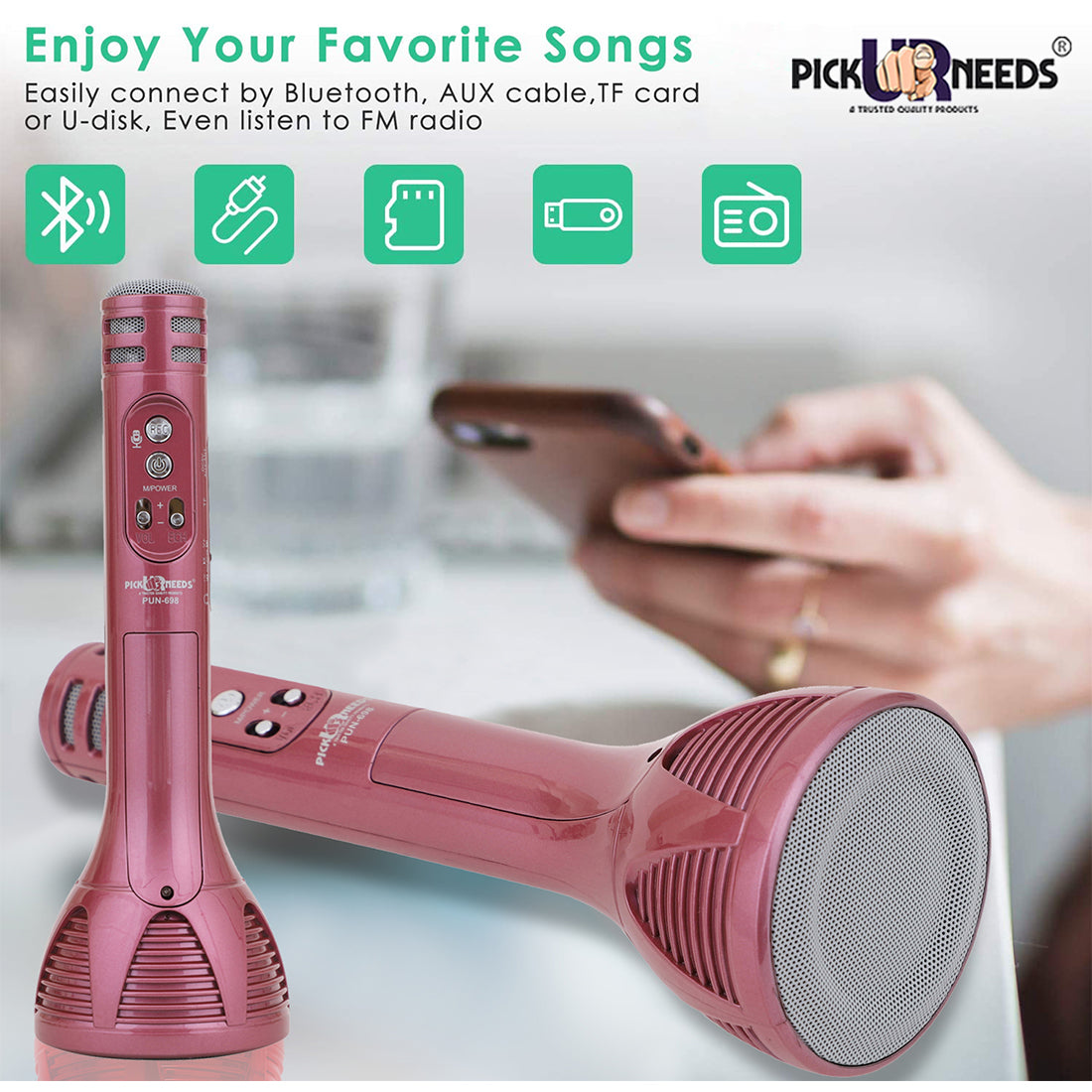 Pick Ur Needs Karaoke Mic with Led Light Wireless Bluetooth Microphone Connection Player Speaker 2-in1 with Recording + USB+FM